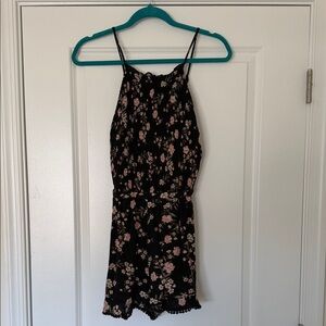 American Eagle Outfitters Black Floral Spaghetti Strap Romper with Pink Flowers